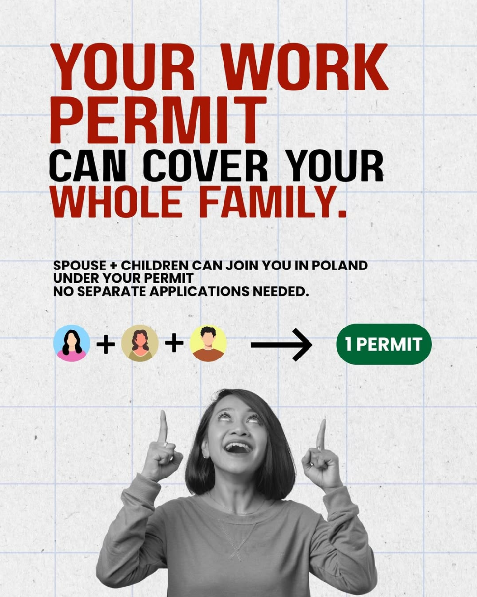 Your work permit can cover your whole family. Spouse and children can join you in Poland u...